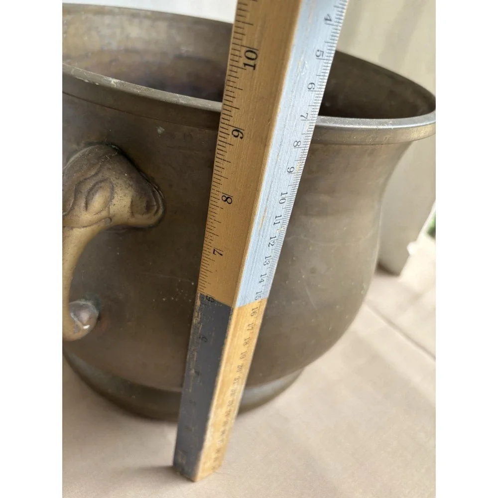 Vintage Jardiniere Hammered Brass Planter w Elephant Head Handles 9